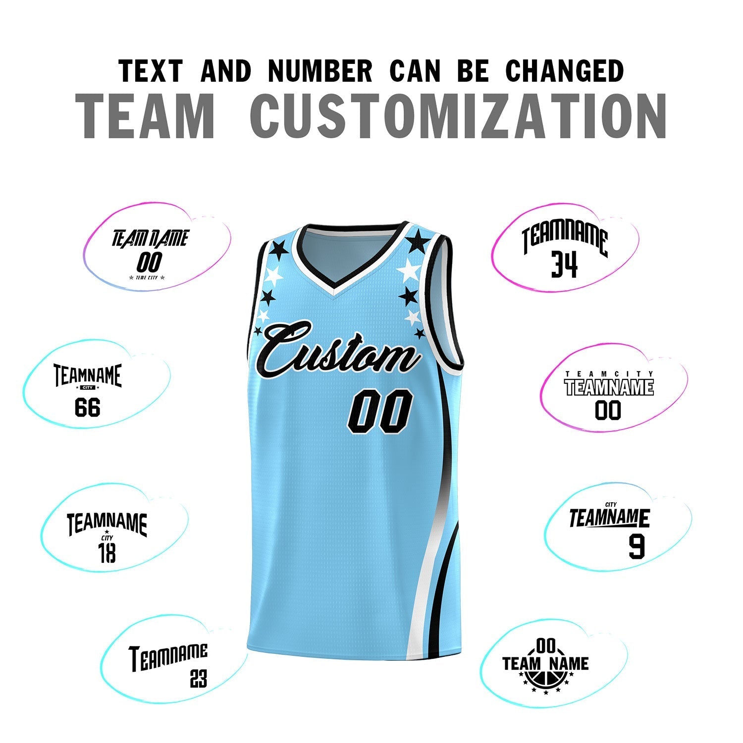 Custom Light Blue Shoulders Star Pattern Side Color Block Sports Uniform Basketball Kits