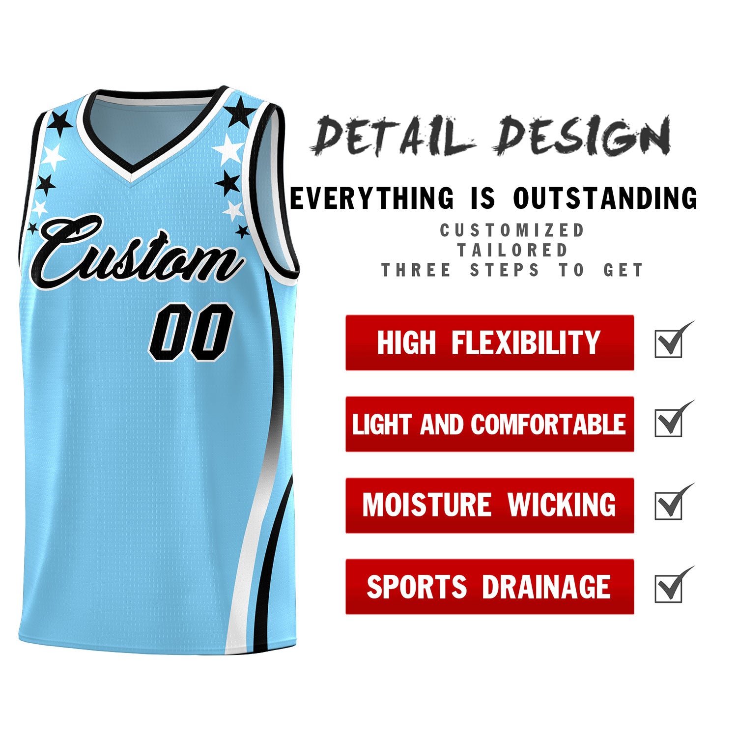 Custom Light Blue Shoulders Star Pattern Side Color Block Sports Uniform Basketball Kits