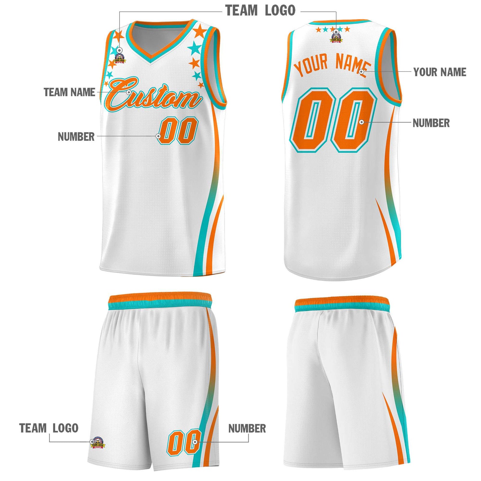 Custom White Shoulders Star Pattern Side Color Block Sports Uniform Basketball Kits