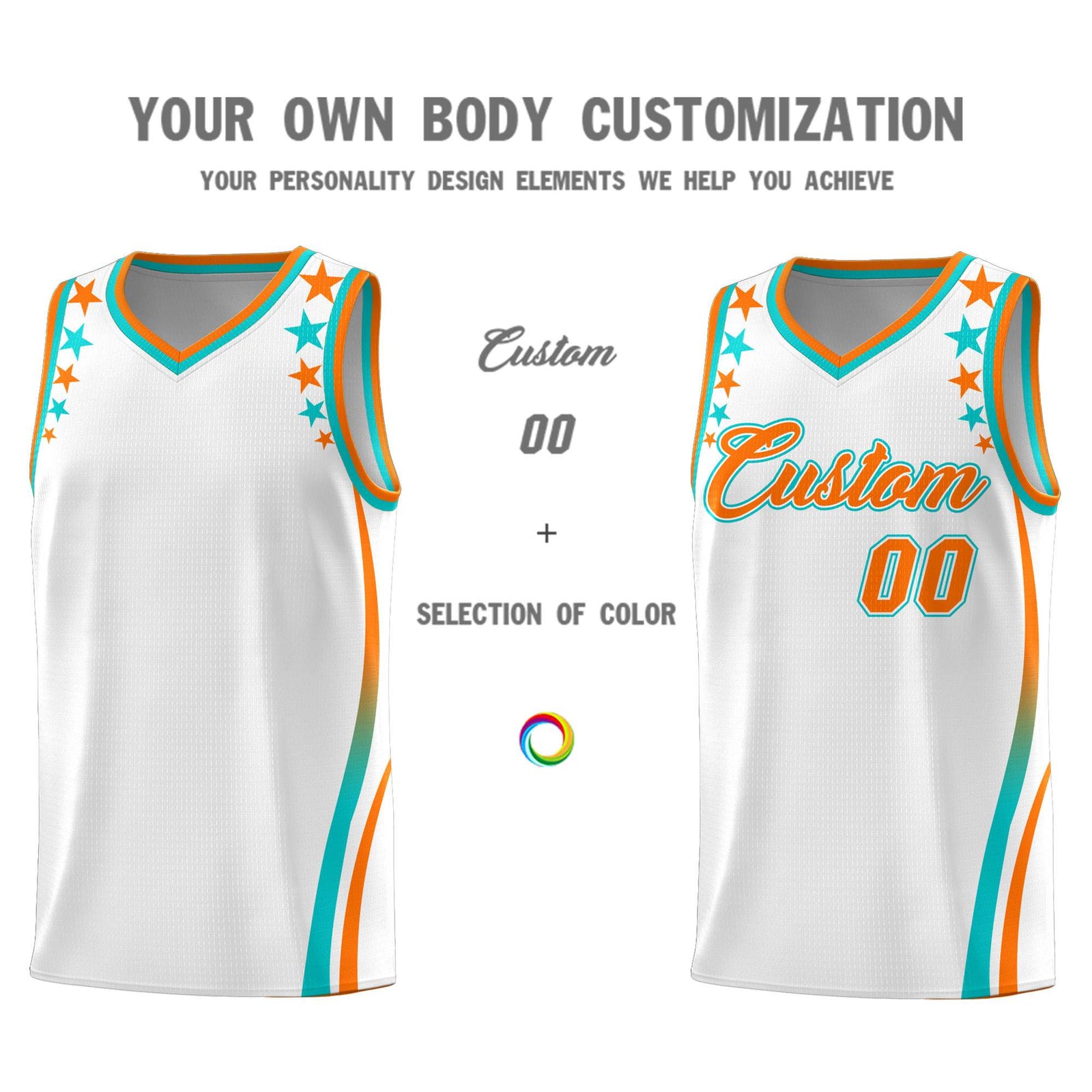 Custom White Shoulders Star Pattern Side Color Block Sports Uniform Basketball Kits