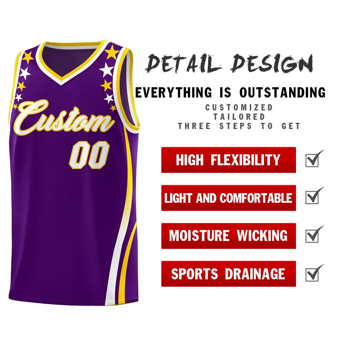 Custom Purple Shoulders Star Pattern Side Color Block Sports Uniform Basketball Kits