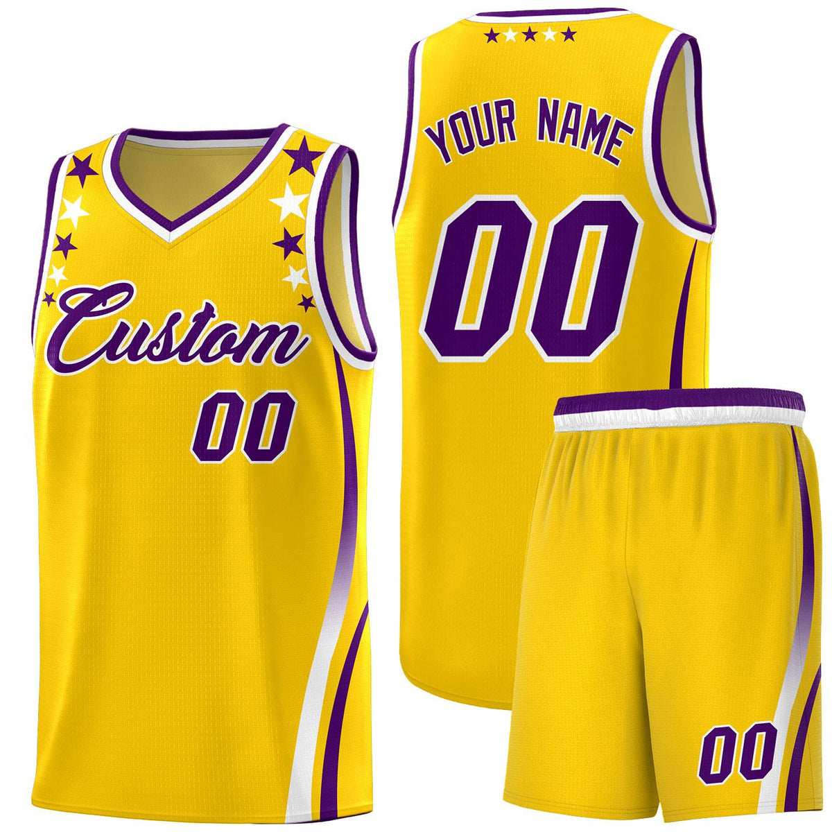 Custom Gold Shoulders Star Pattern Side Color Block Sports Uniform Basketball Kits