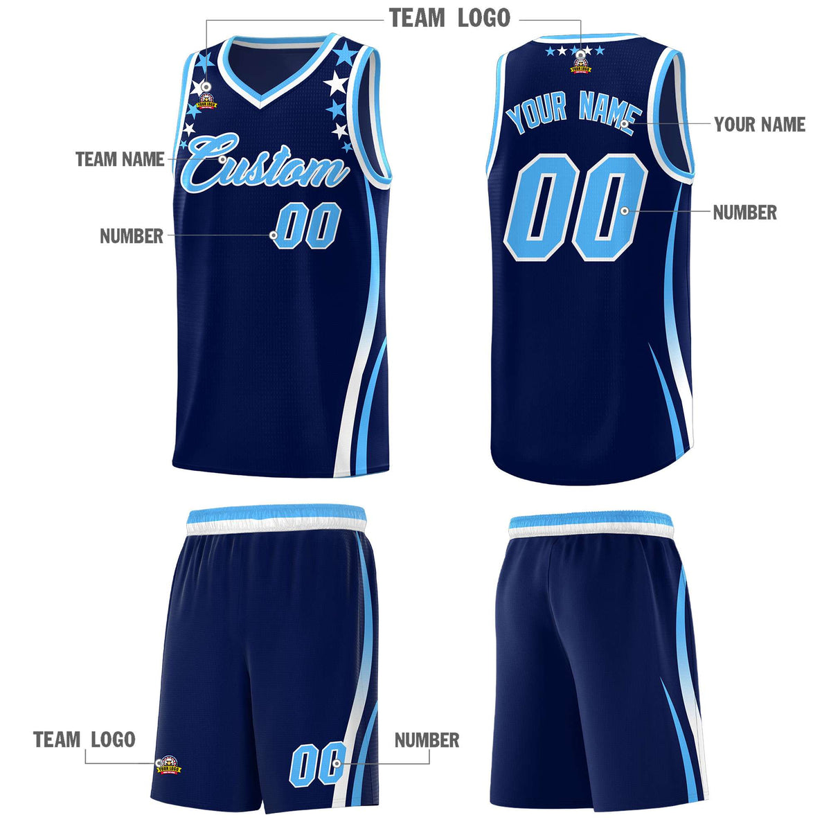 Custom Navy Shoulders Star Pattern Side Color Block Sports Uniform Basketball Kits