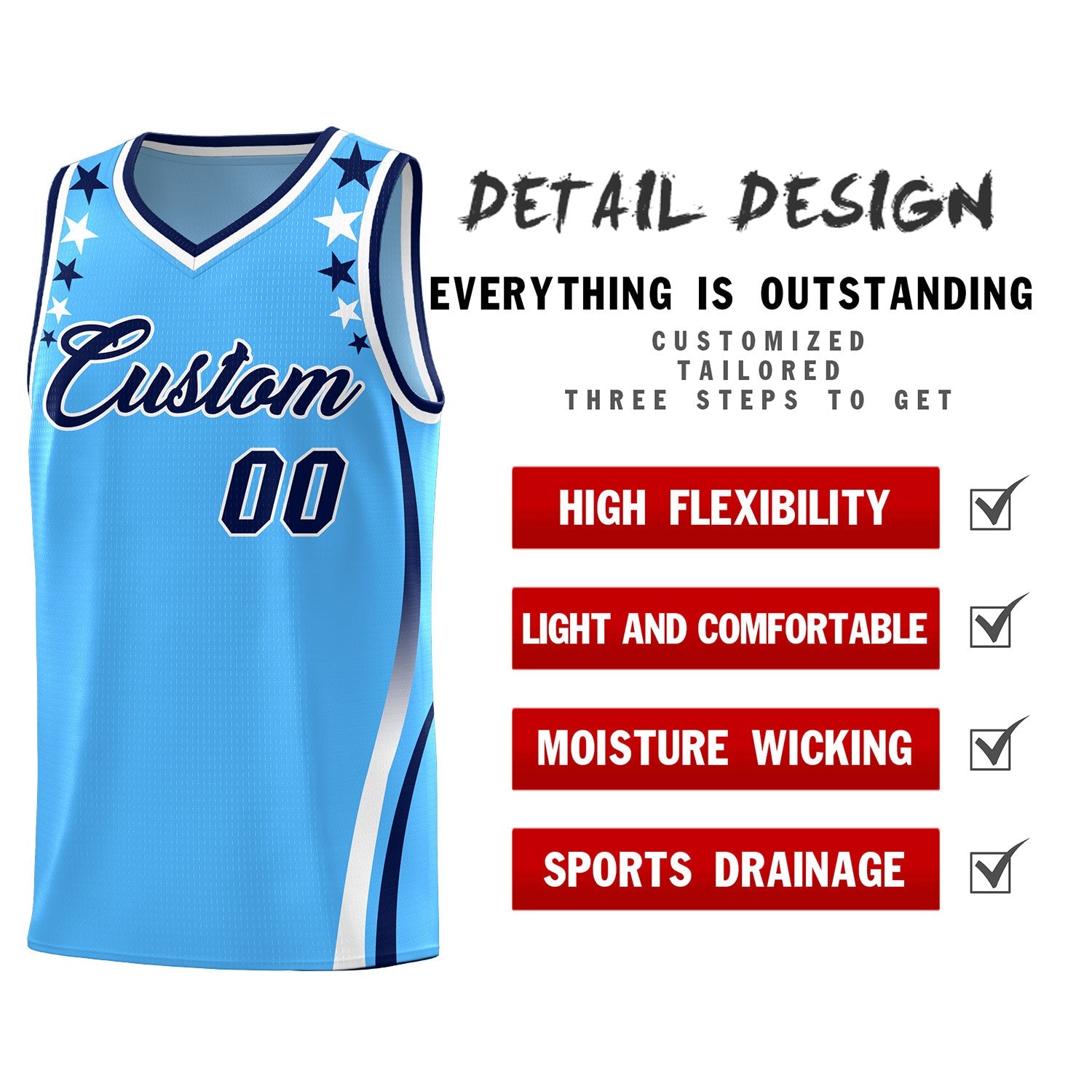 Custom Light Blue Shoulders Star Pattern Side Color Block Sports Uniform Basketball Kits