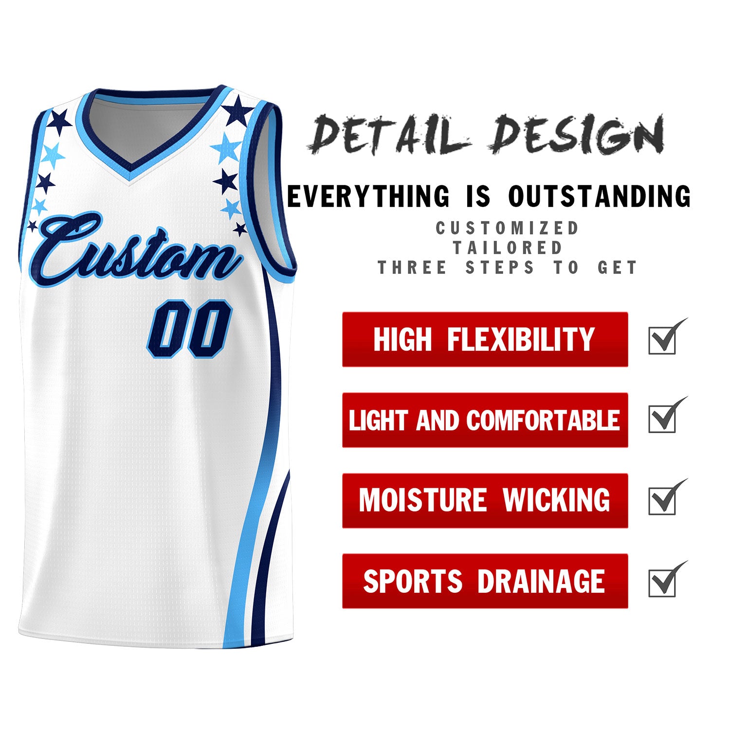 Custom White Shoulders Star Pattern Side Color Block Sports Uniform Basketball Kits