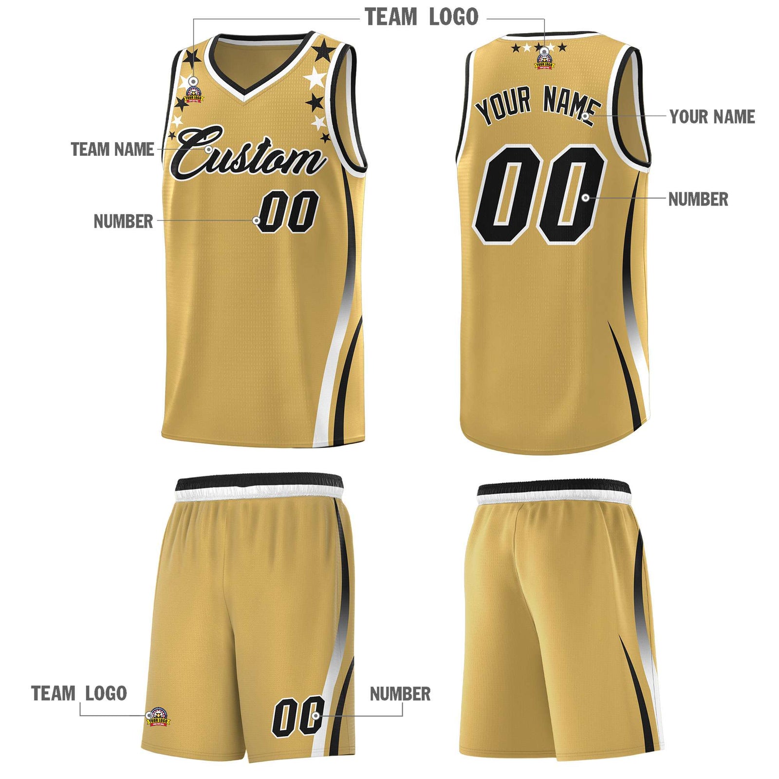 Custom Old Gold Shoulders Star Pattern Side Color Block Sports Uniform Basketball Kits