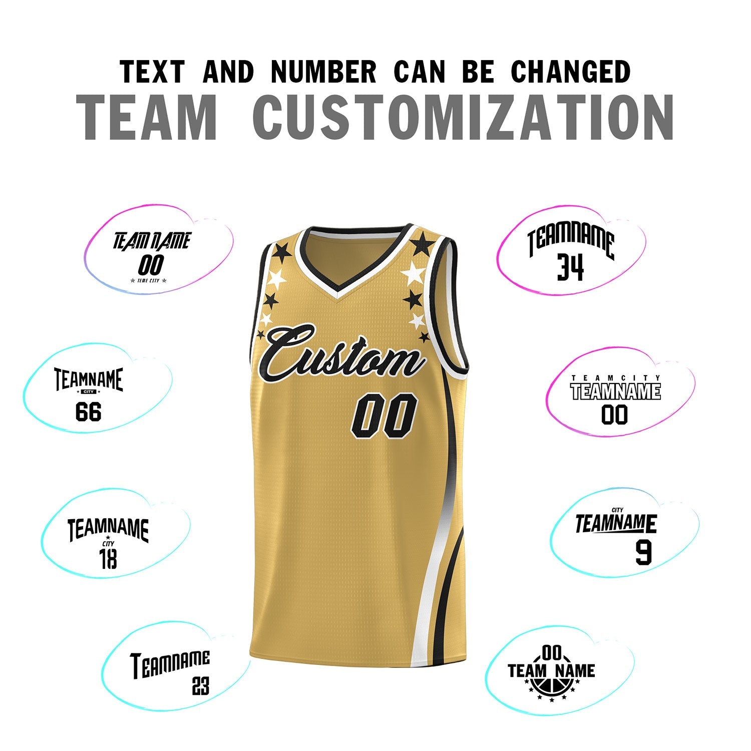 Custom Old Gold Shoulders Star Pattern Side Color Block Sports Uniform Basketball Kits