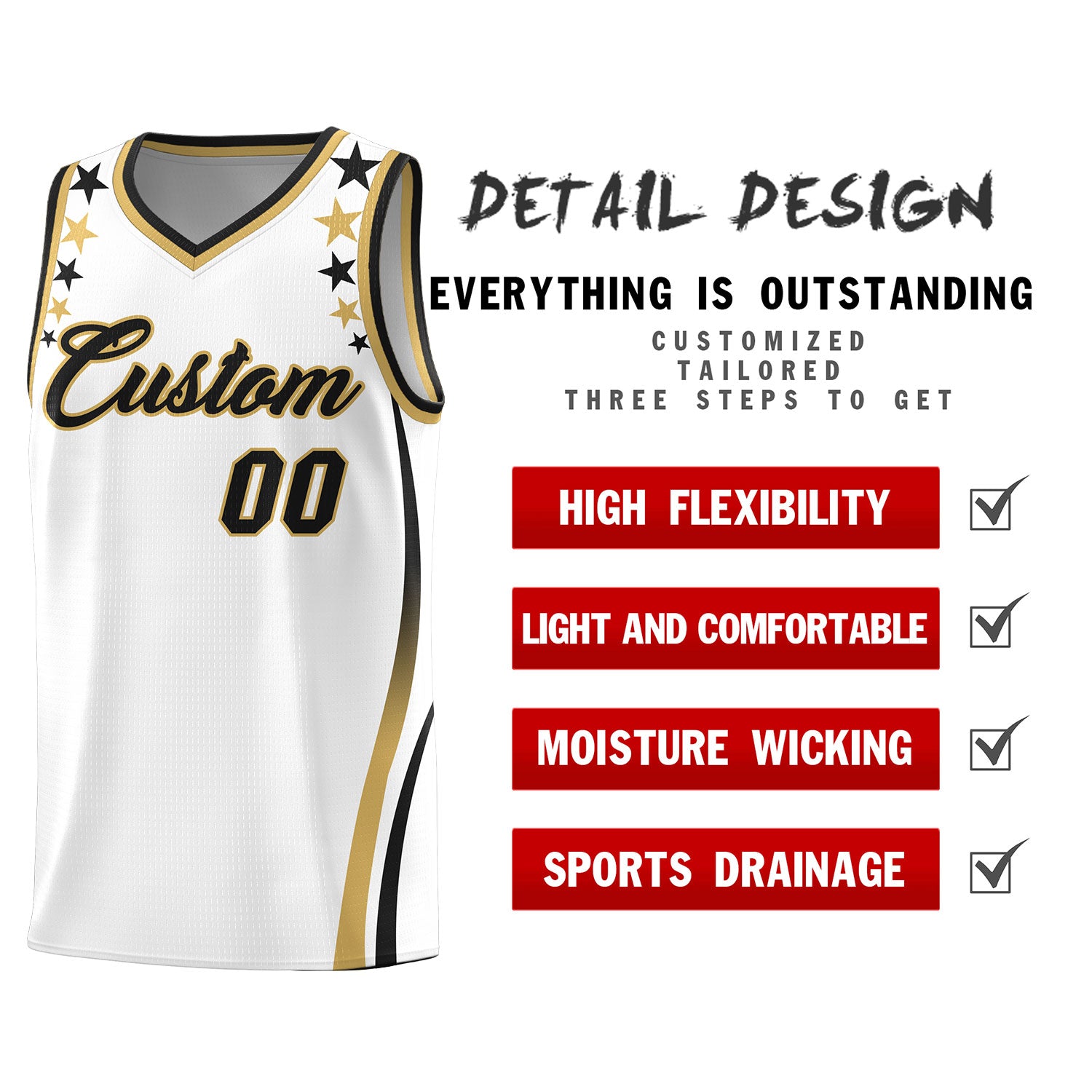 Custom White Shoulders Star Pattern Side Color Block Sports Uniform Basketball Kits
