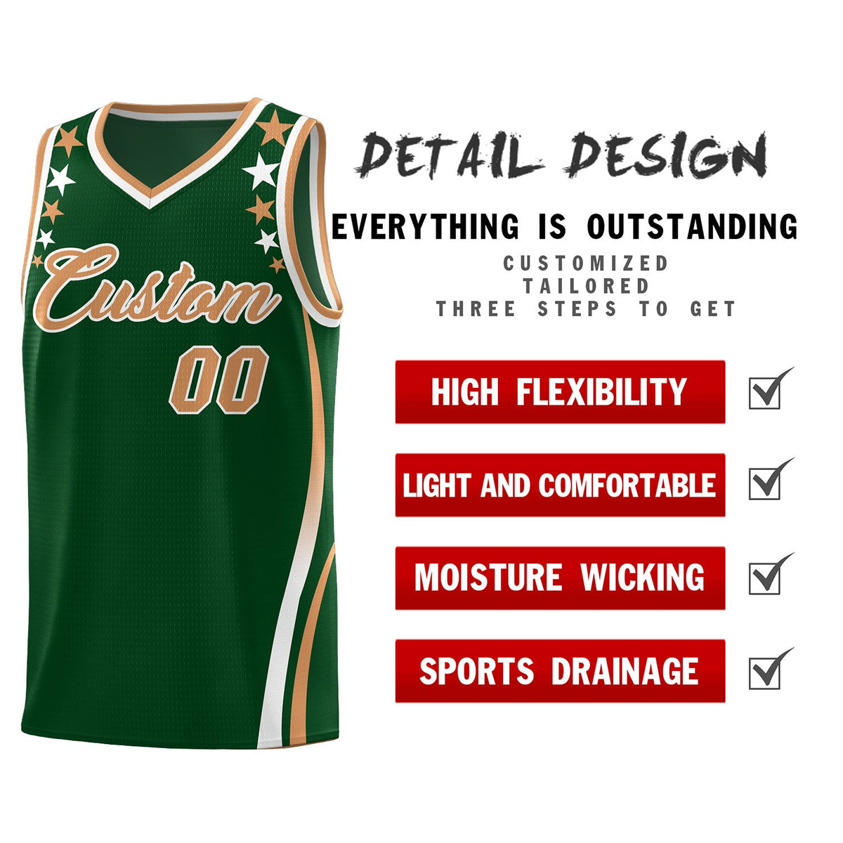 Custom Green Shoulders Star Pattern Side Color Block Sports Uniform Basketball Kits