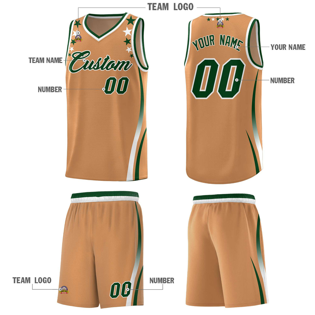 Custom Light Brown Shoulders Star Pattern Side Color Block Sports Uniform Basketball Kits