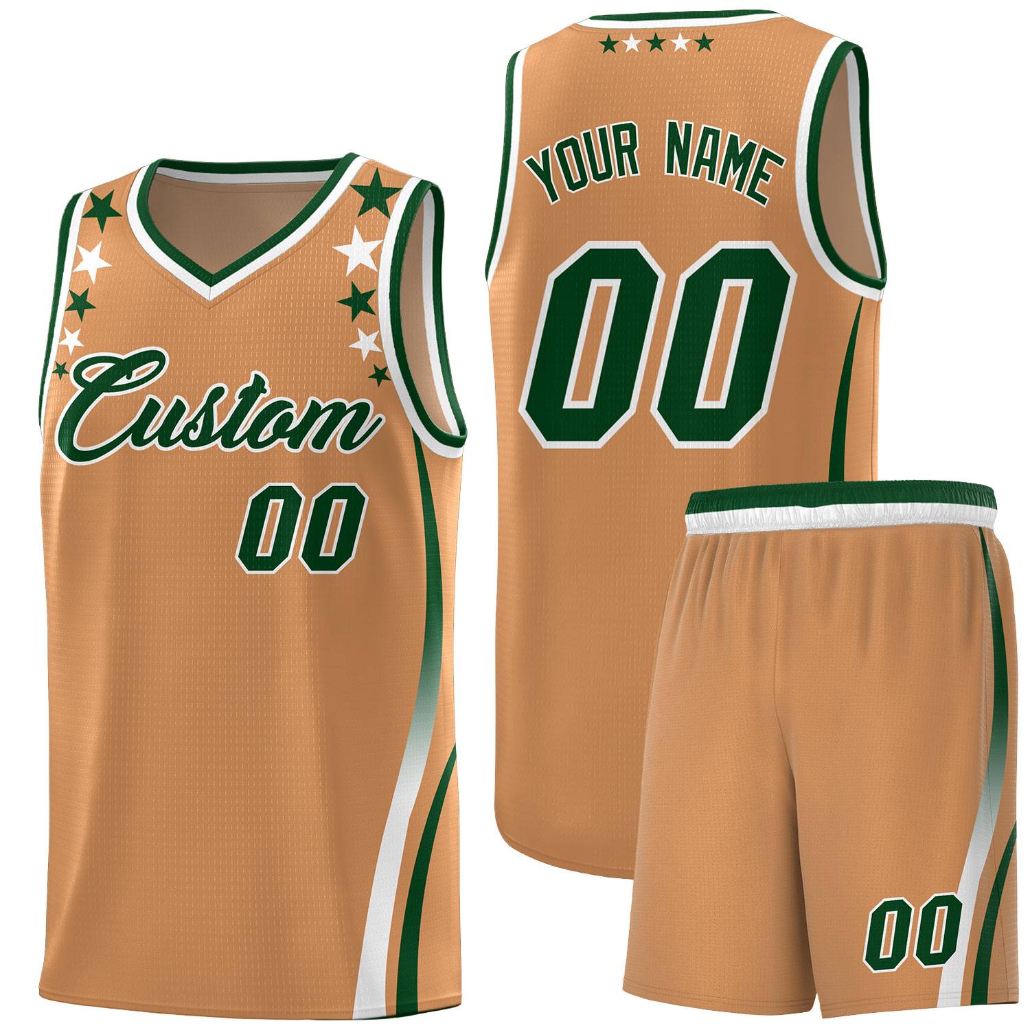 Custom Light Brown Shoulders Star Pattern Side Color Block Sports Uniform Basketball Kits