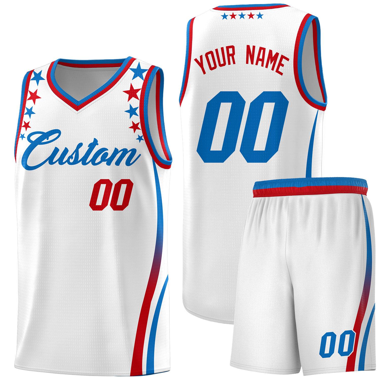 Custom White Shoulders Star Pattern Side Color Block Sports Uniform Basketball Kits