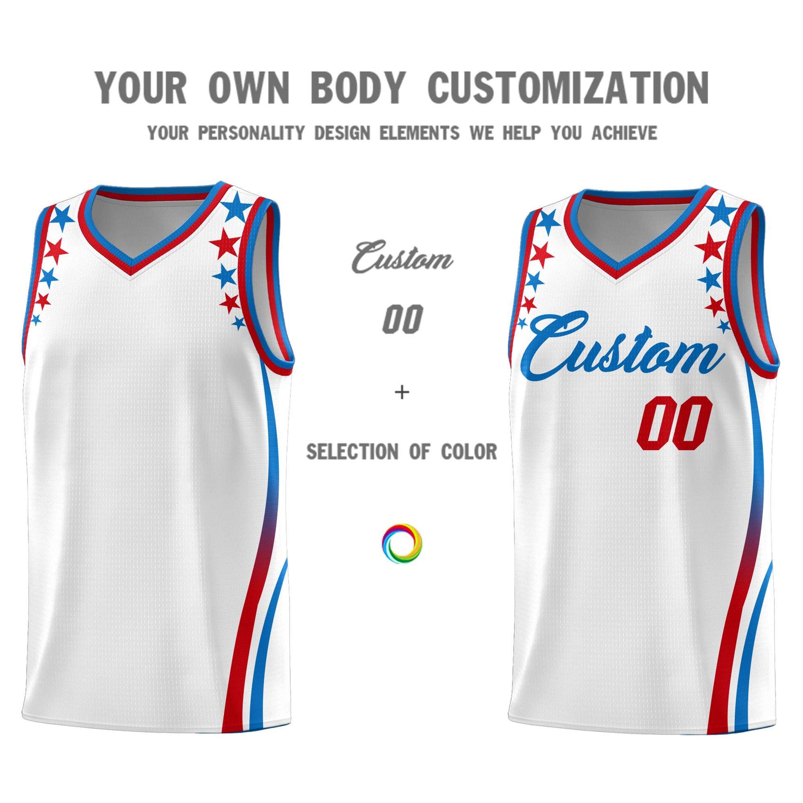 Custom White Shoulders Star Pattern Side Color Block Sports Uniform Basketball Kits