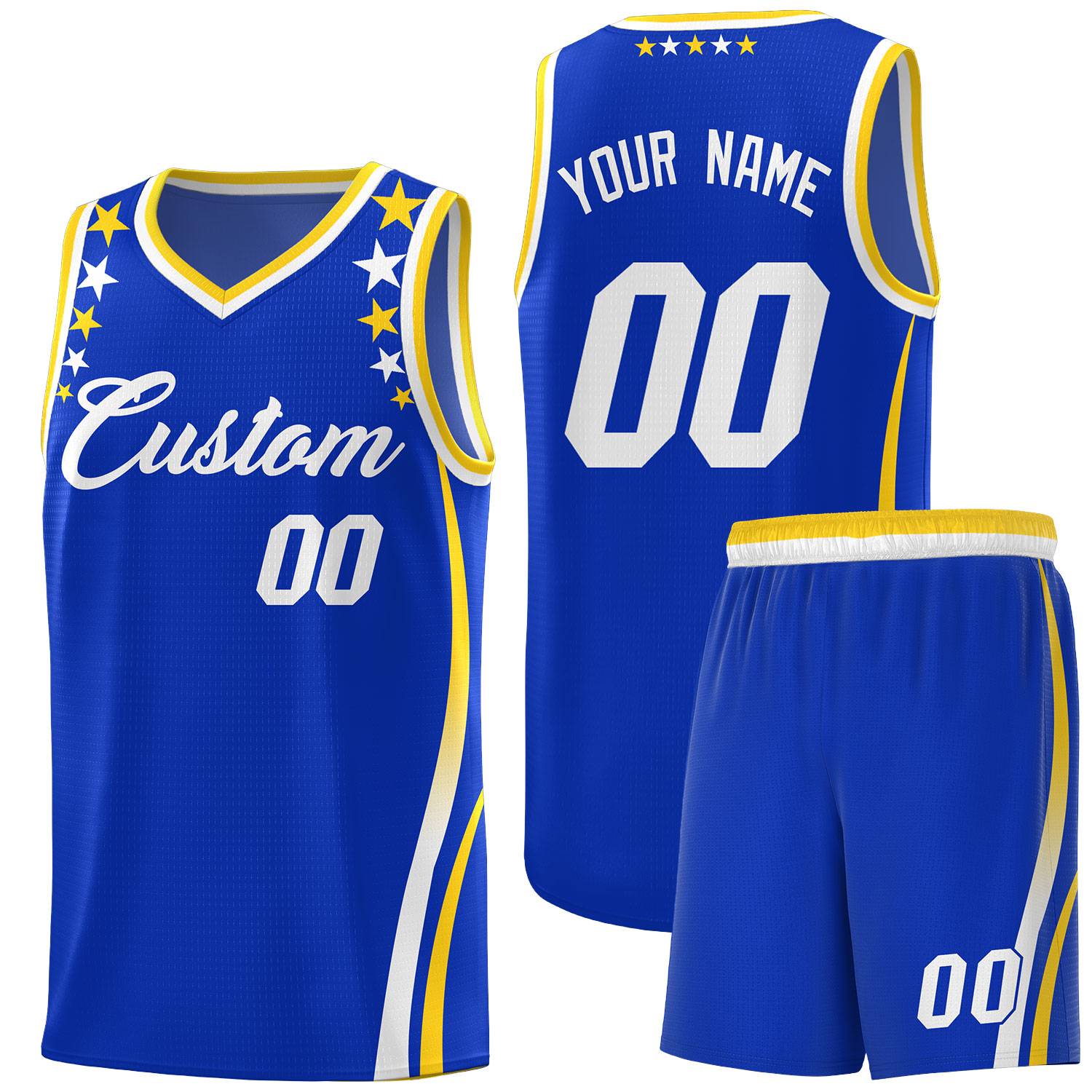 Custom Royal Shoulders Star Pattern Side Color Block Sports Uniform Basketball Kits