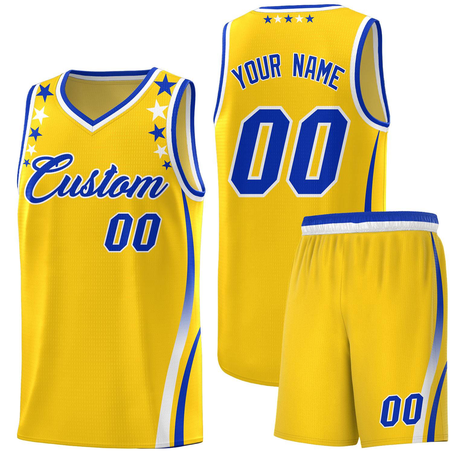 Custom Gold Shoulders Star Pattern Side Color Block Sports Uniform Basketball Kits