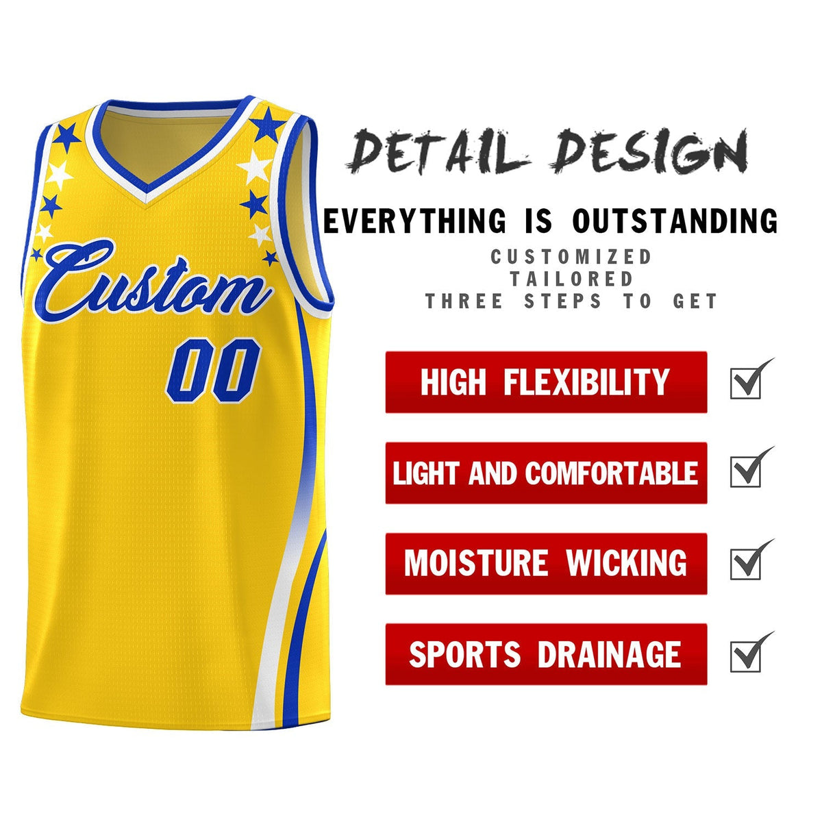 Custom Gold Shoulders Star Pattern Side Color Block Sports Uniform Basketball Kits