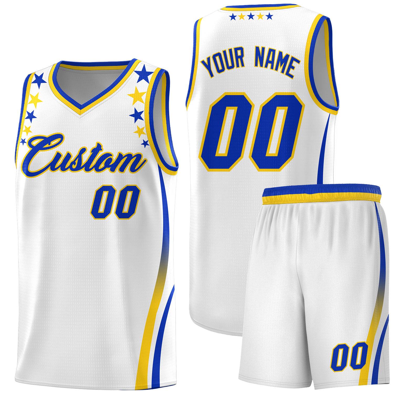 Custom White Shoulders Star Pattern Side Color Block Sports Uniform Basketball Kits