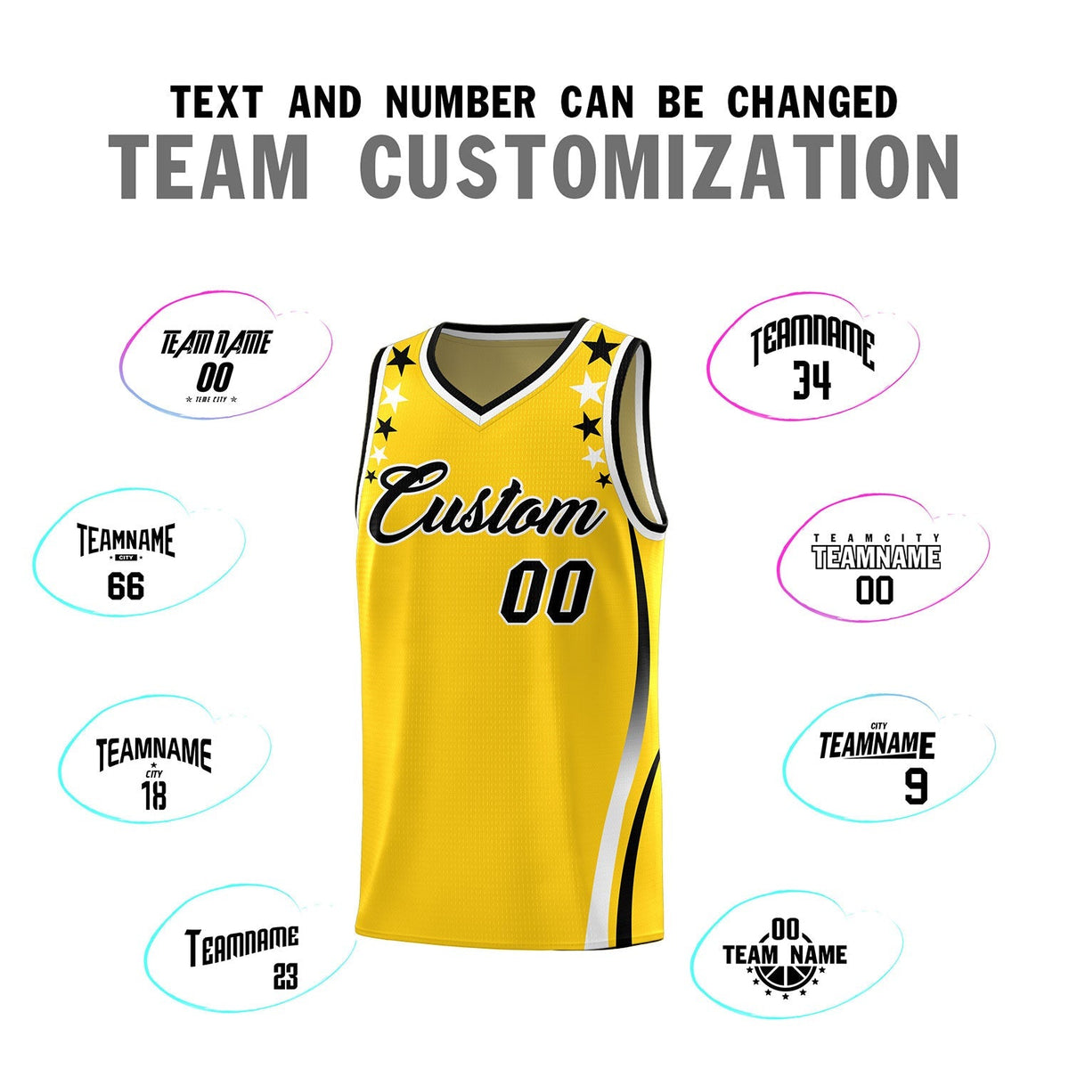 Custom Gold Shoulders Star Pattern Side Color Block Sports Uniform Basketball Kits