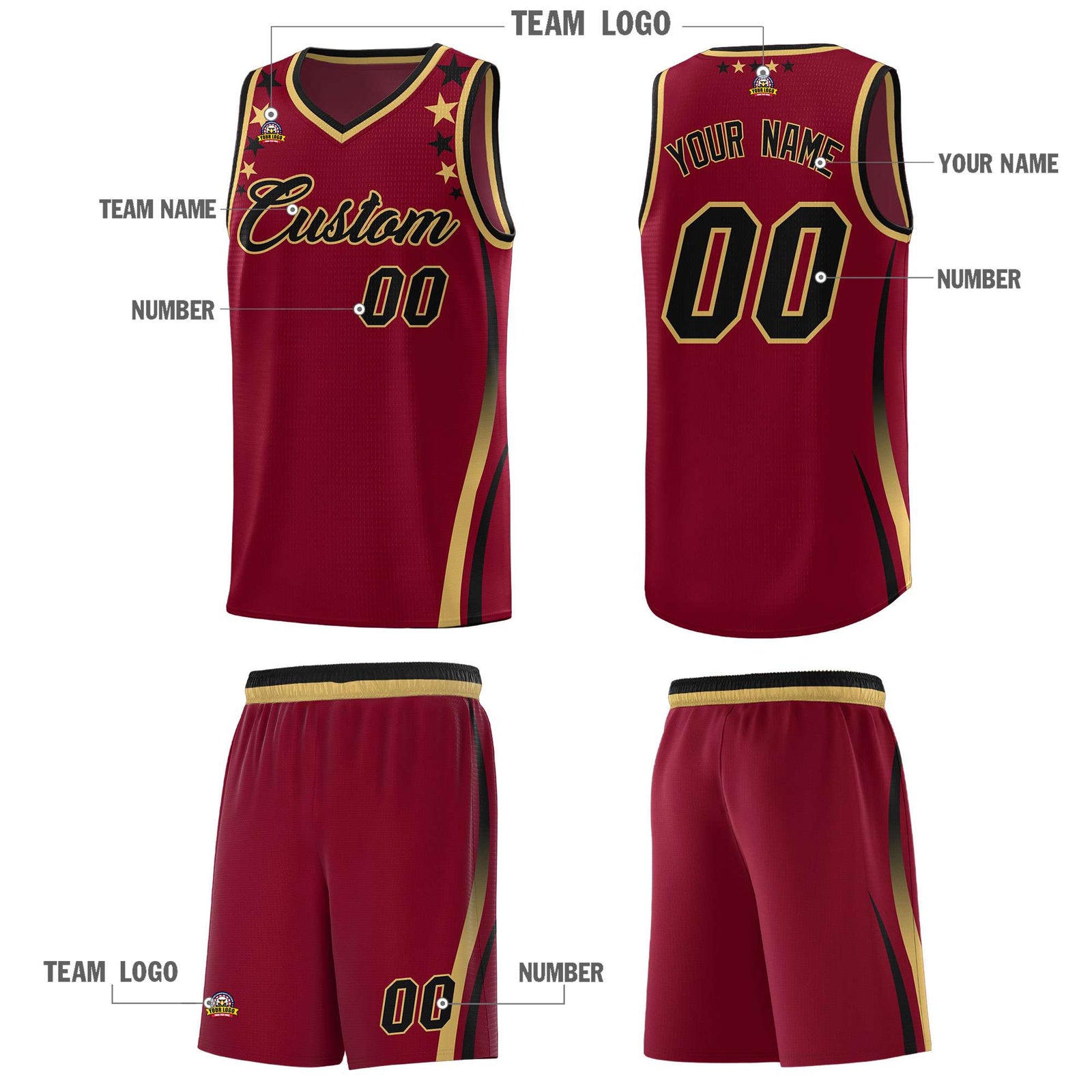 Custom Crimson Shoulders Star Pattern Side Color Block Sports Uniform Basketball Kits