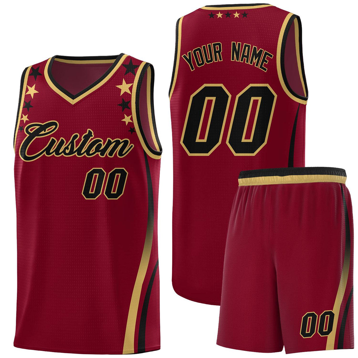 Custom Crimson Shoulders Star Pattern Side Color Block Sports Uniform Basketball Kits