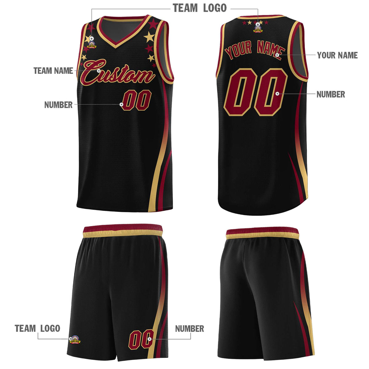 Custom Black Shoulders Star Pattern Side Color Block Sports Uniform Basketball Kits