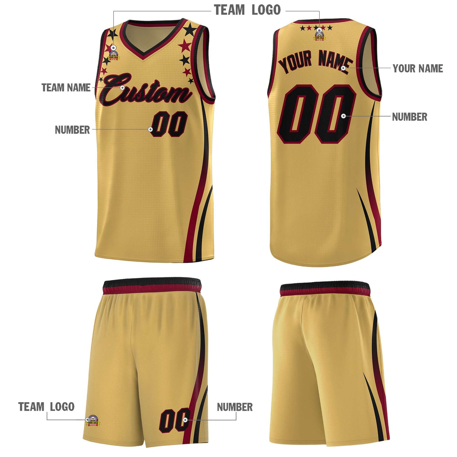 Custom Old Gold Shoulders Star Pattern Side Color Block Sports Uniform Basketball Kits