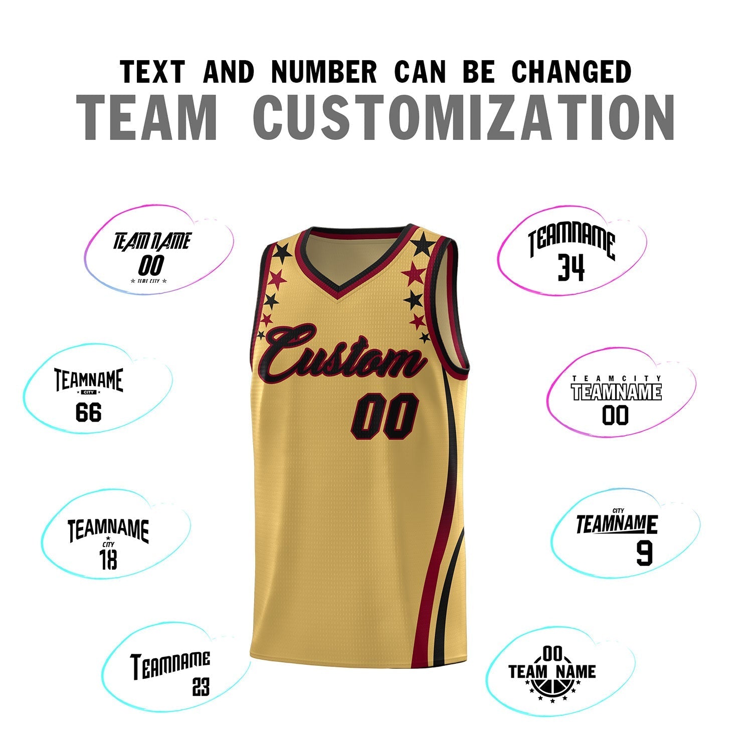 Custom Old Gold Shoulders Star Pattern Side Color Block Sports Uniform Basketball Kits