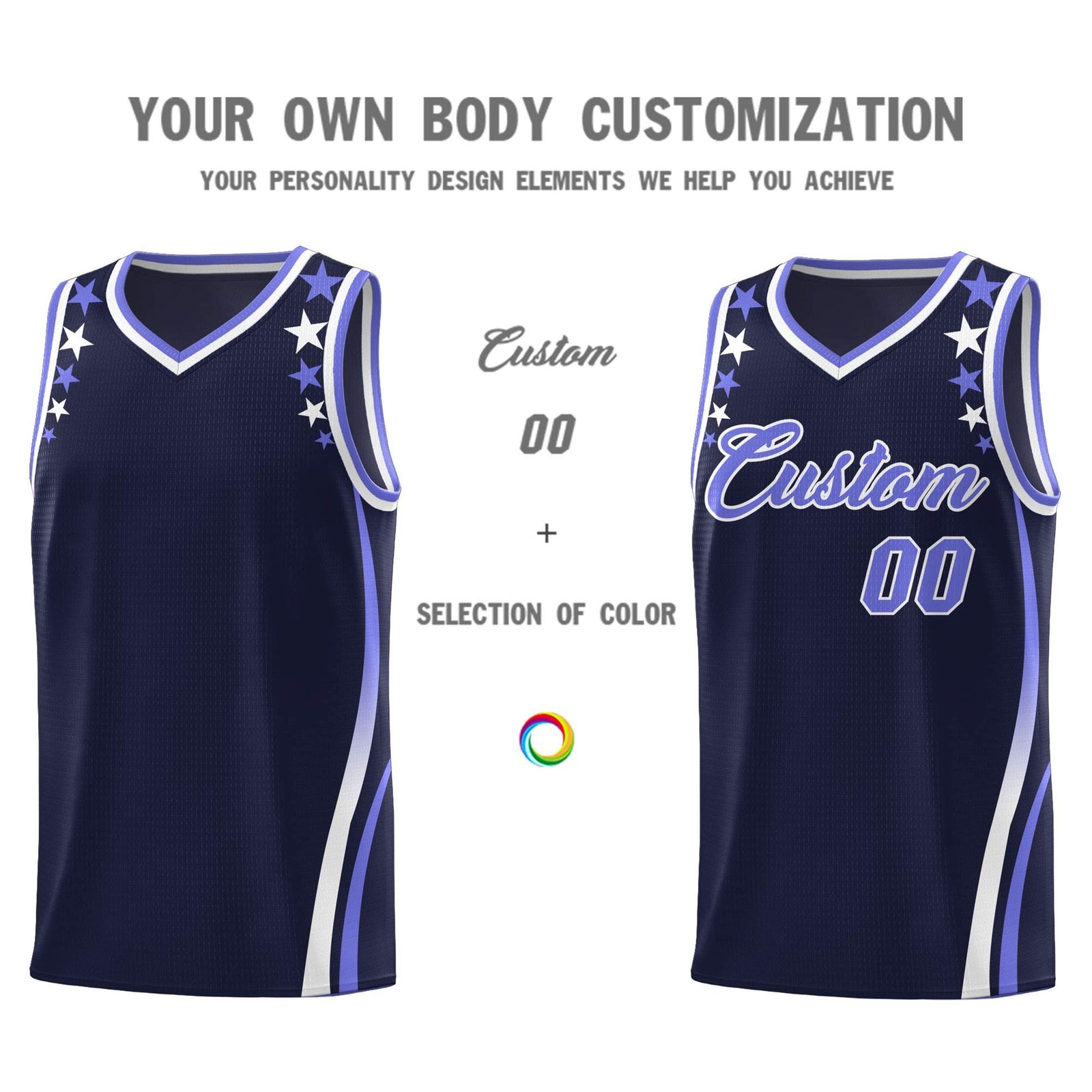 Custom Navy Shoulders Star Pattern Side Color Block Sports Uniform Basketball Kits