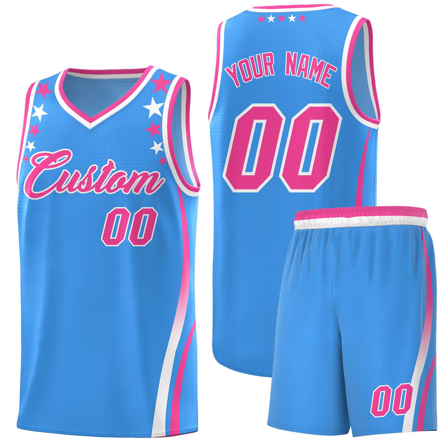Custom Light Blue Shoulders Star Pattern Side Color Block Sports Uniform Basketball Kits