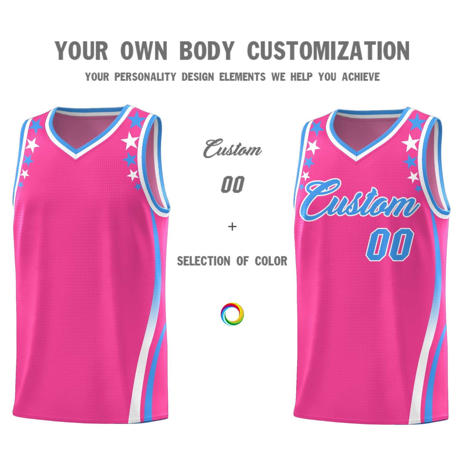 Custom Pink Shoulders Star Pattern Side Color Block Sports Uniform Basketball Kits