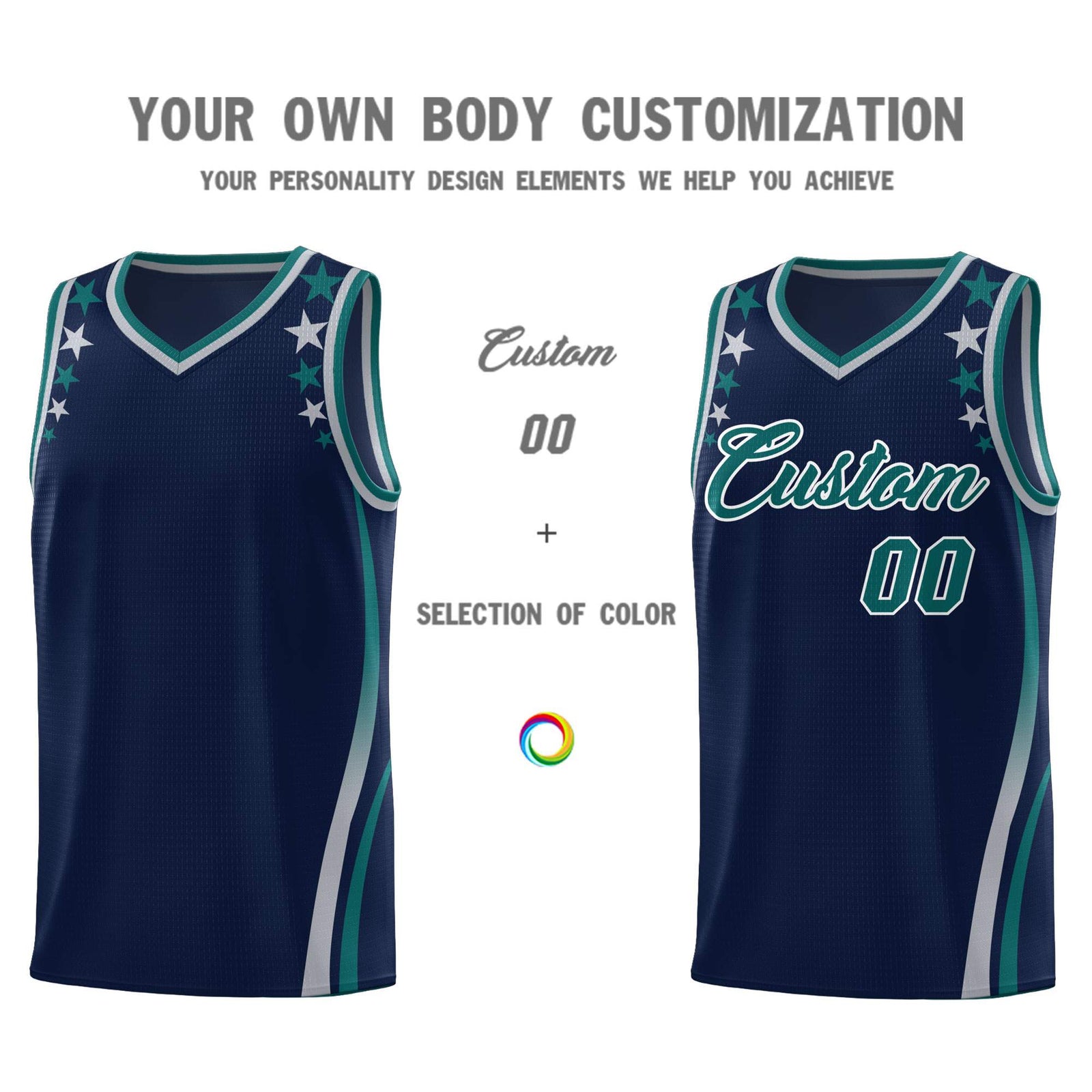 Custom Navy Shoulders Star Pattern Side Color Block Sports Uniform Basketball Kits