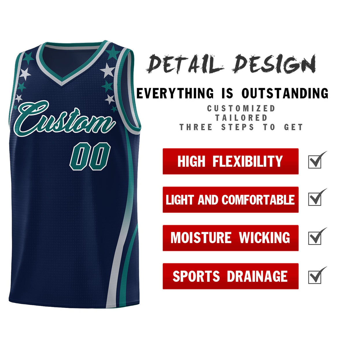 Custom Navy Shoulders Star Pattern Side Color Block Sports Uniform Basketball Kits