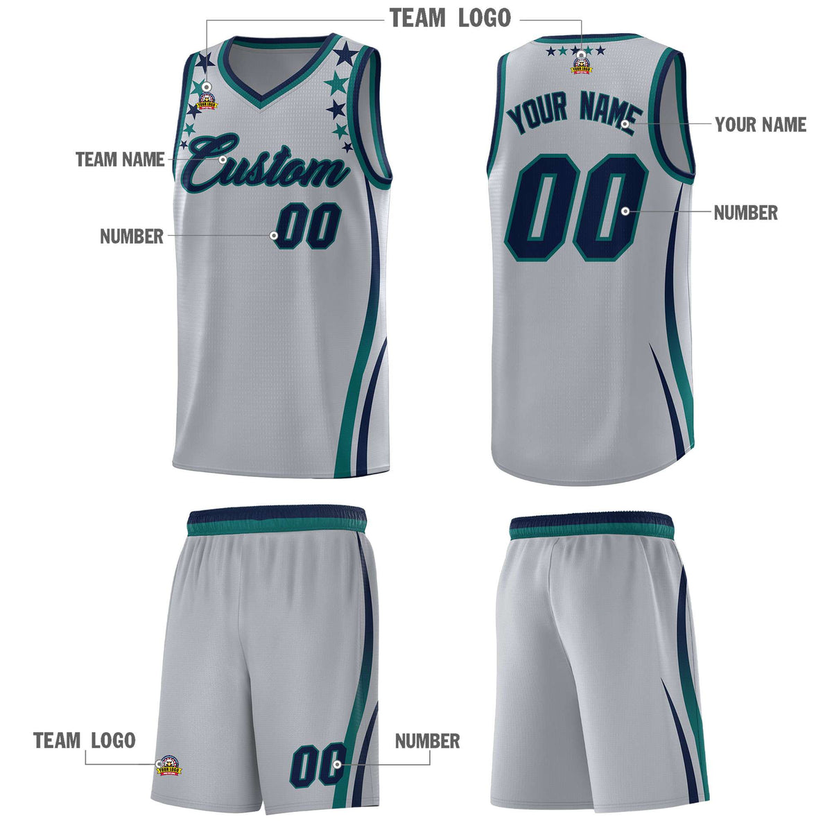 Custom Gray Shoulders Star Pattern Side Color Block Sports Uniform Basketball Kits