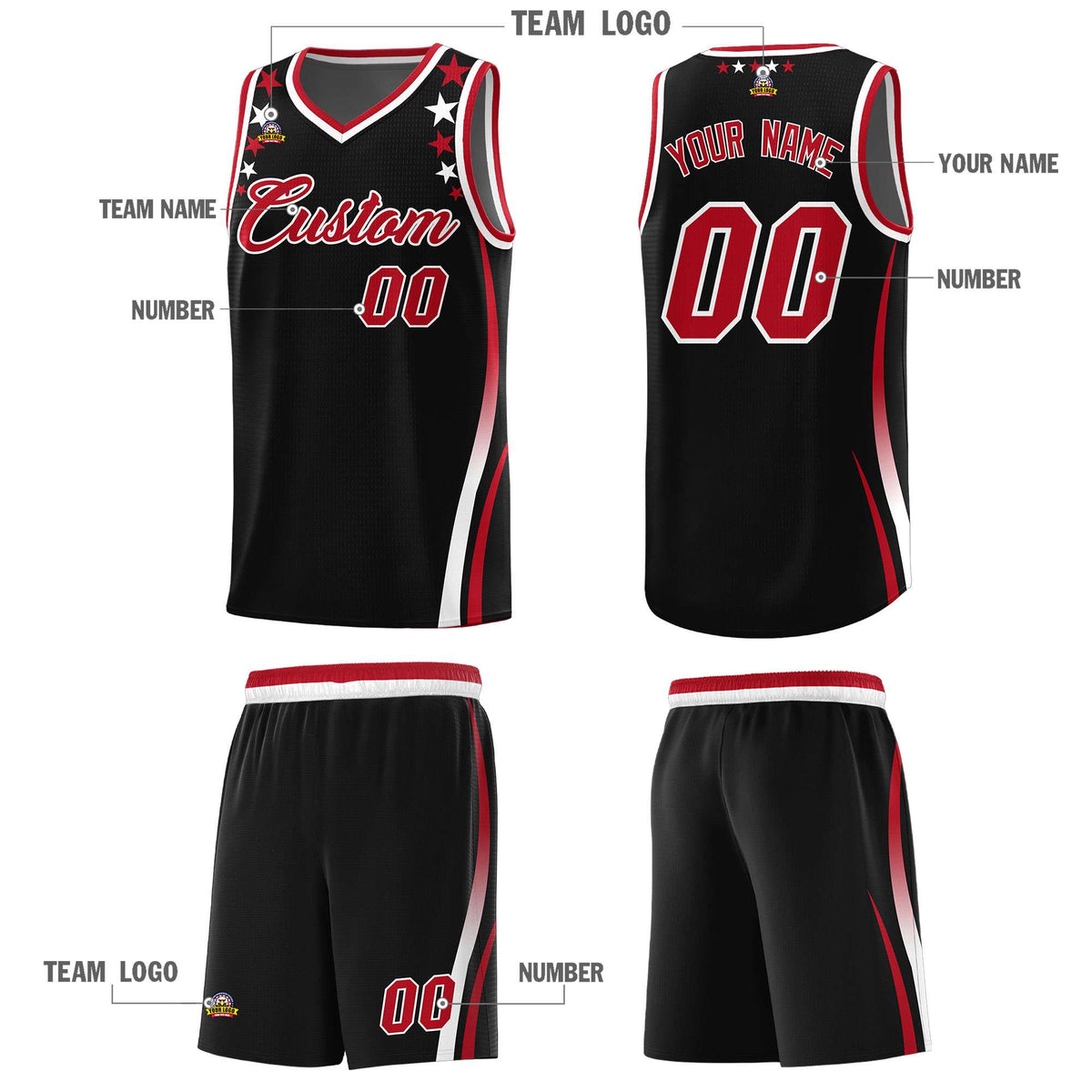 Custom Black Shoulders Star Pattern Side Color Block Sports Uniform Basketball Kits