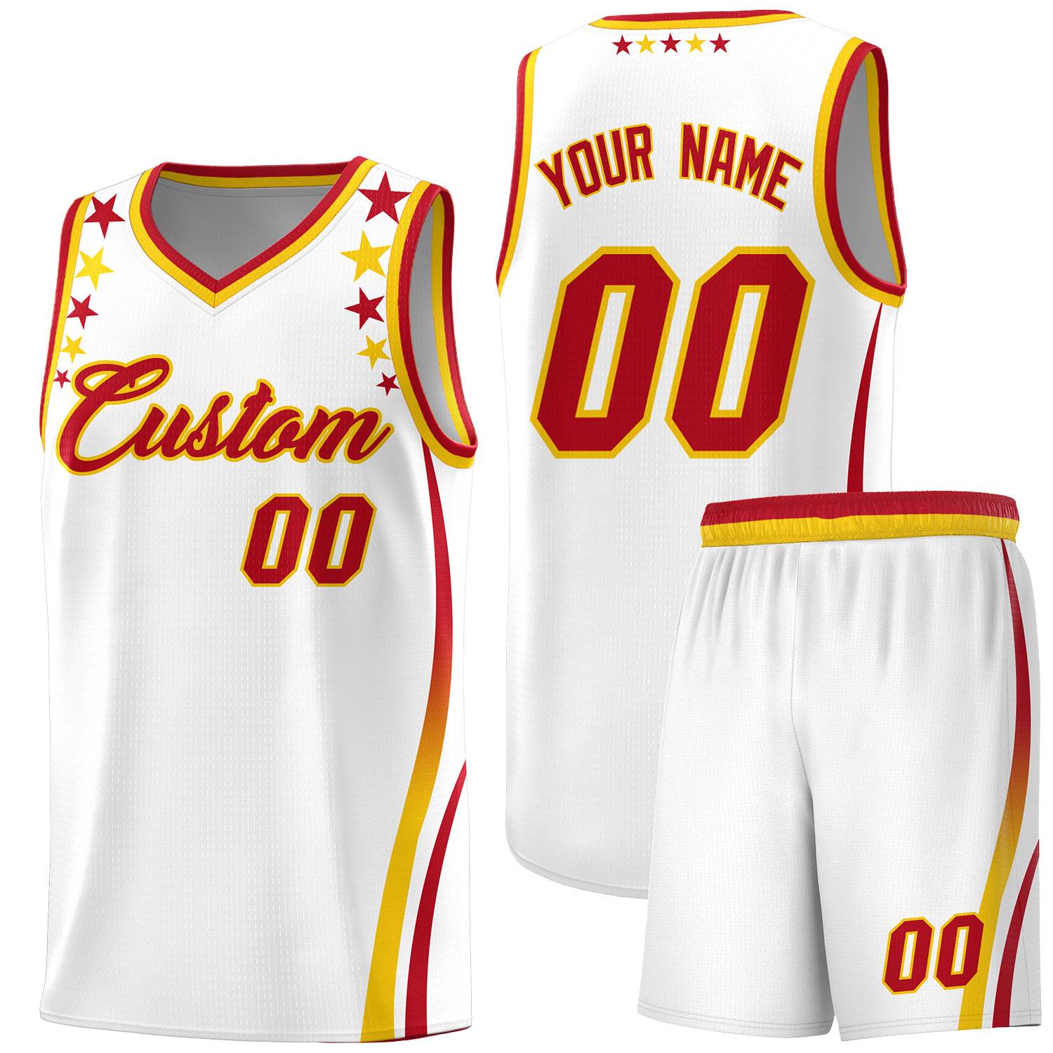 Custom White Shoulders Star Pattern Side Color Block Sports Uniform Basketball Kits