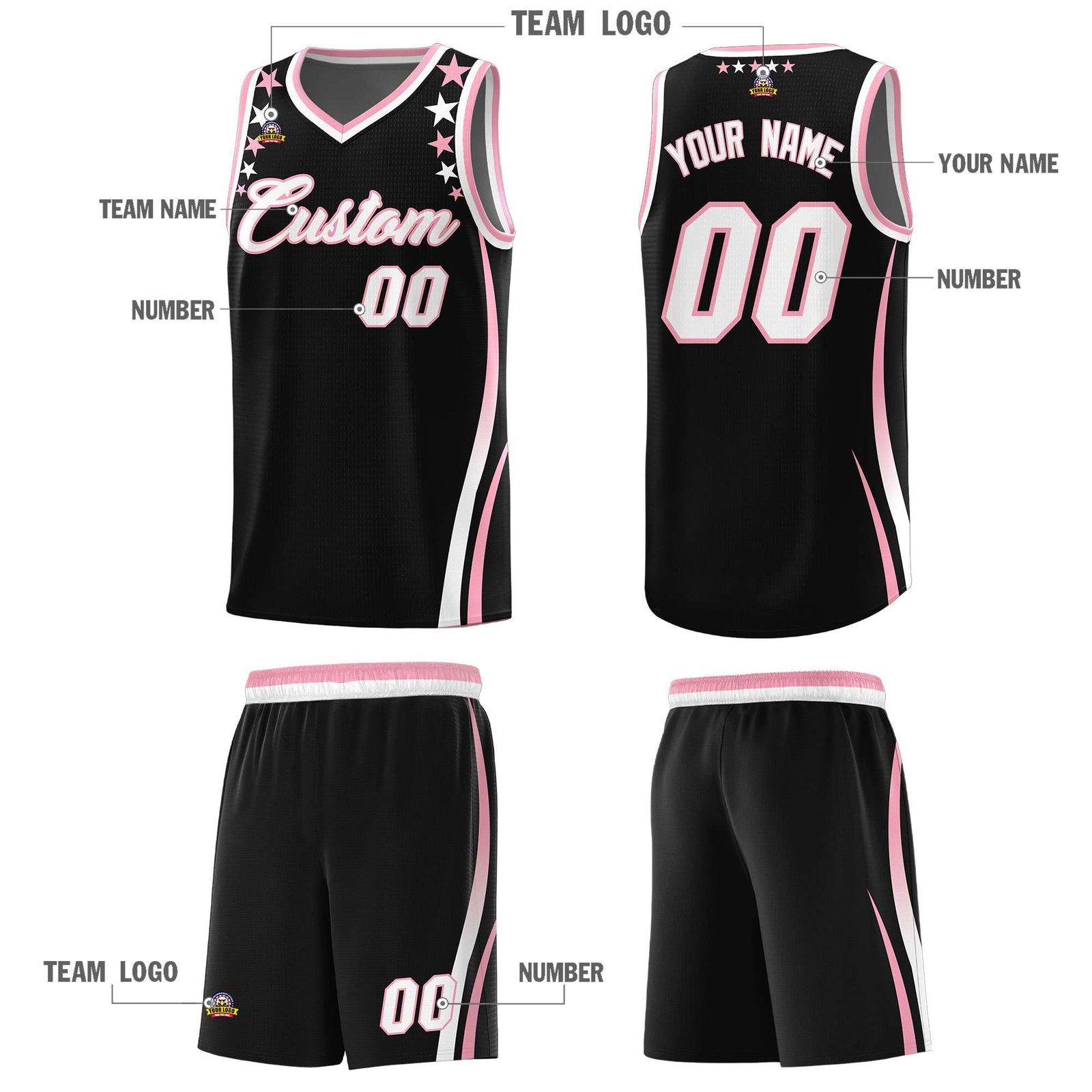 Custom Black Shoulders Star Pattern Side Color Block Sports Uniform Basketball Kits