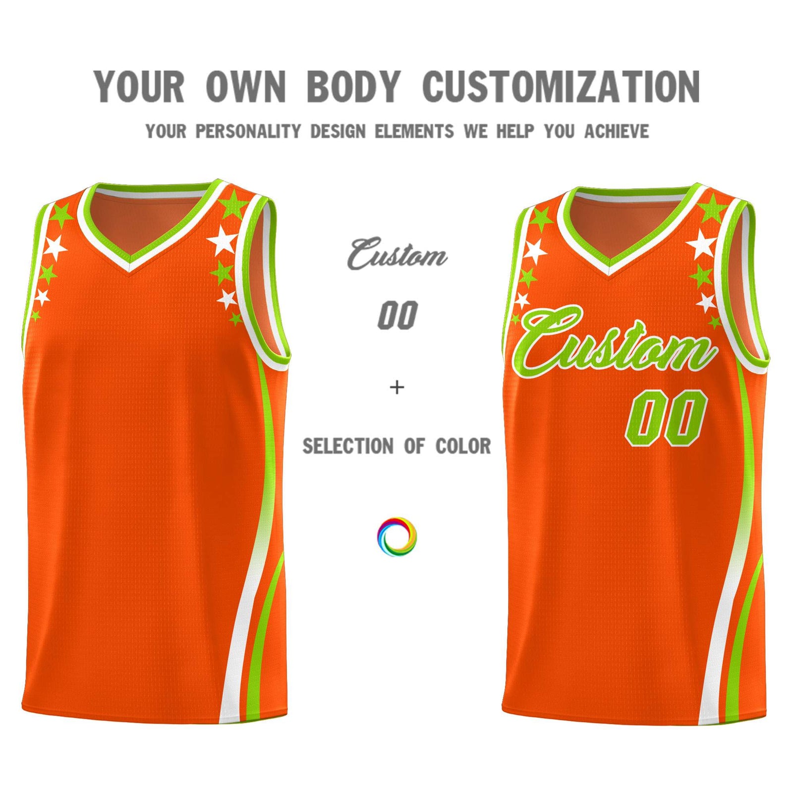 Custom Orange Shoulders Star Pattern Side Color Block Sports Uniform Basketball Kits