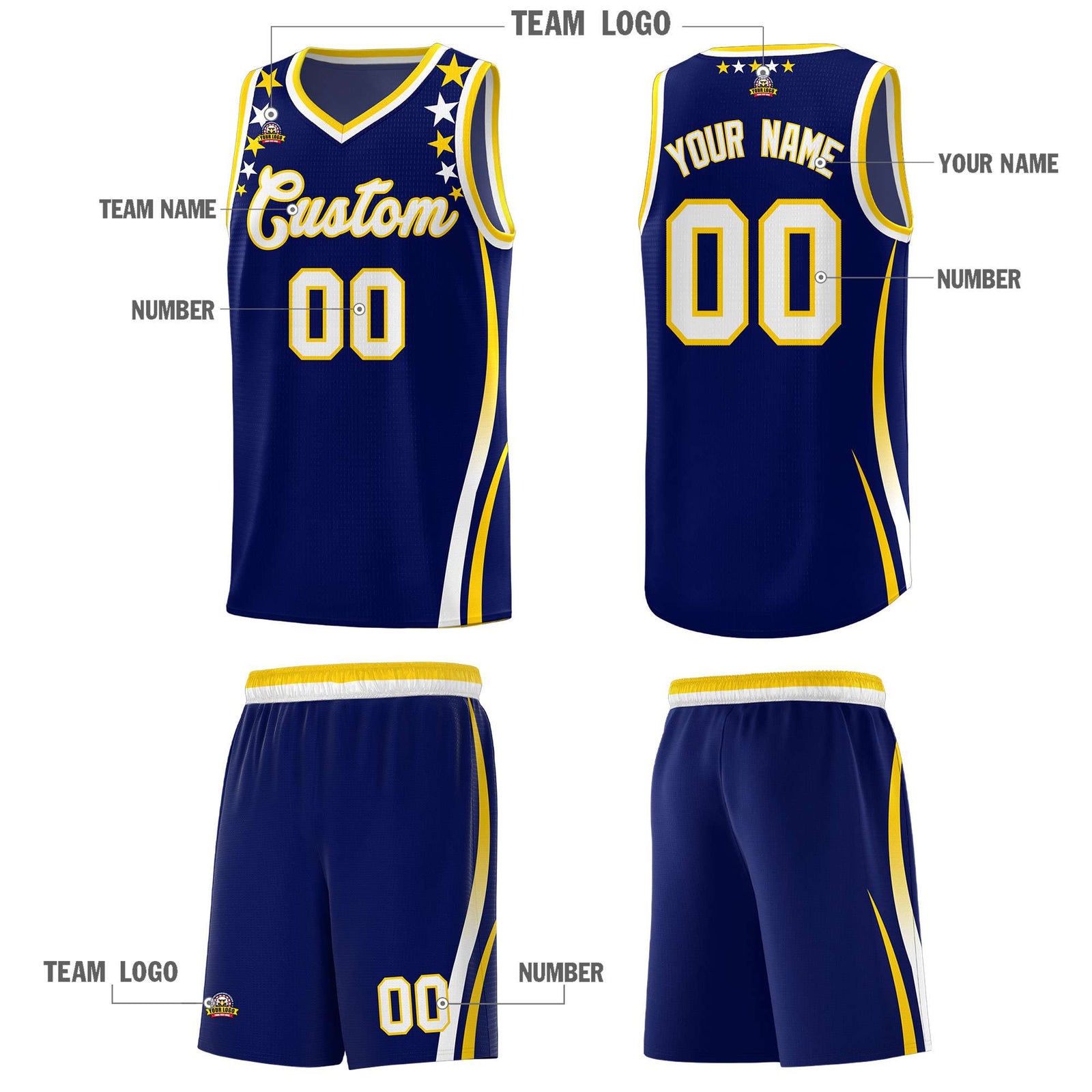 Custom Navy Shoulders Star Pattern Side Color Block Sports Uniform Basketball Kits