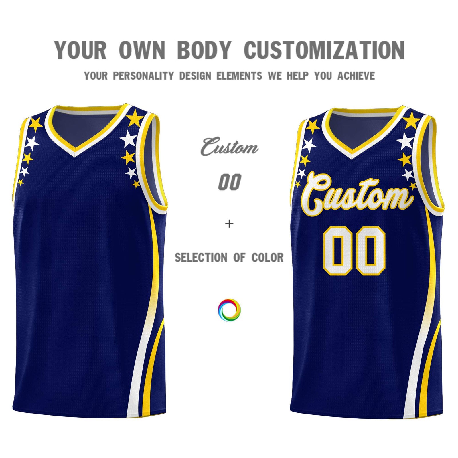 Custom Navy Shoulders Star Pattern Side Color Block Sports Uniform Basketball Kits