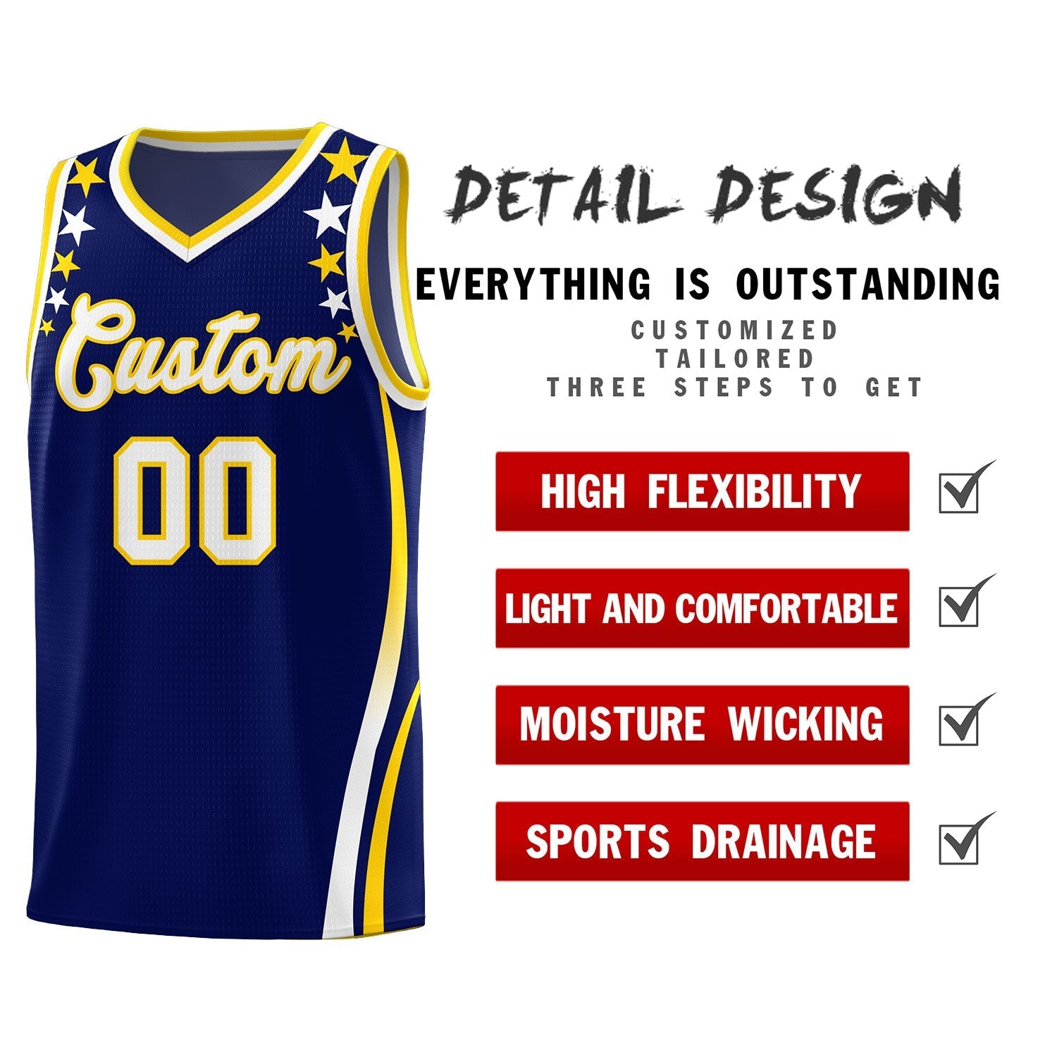 Custom Navy Shoulders Star Pattern Side Color Block Sports Uniform Basketball Kits