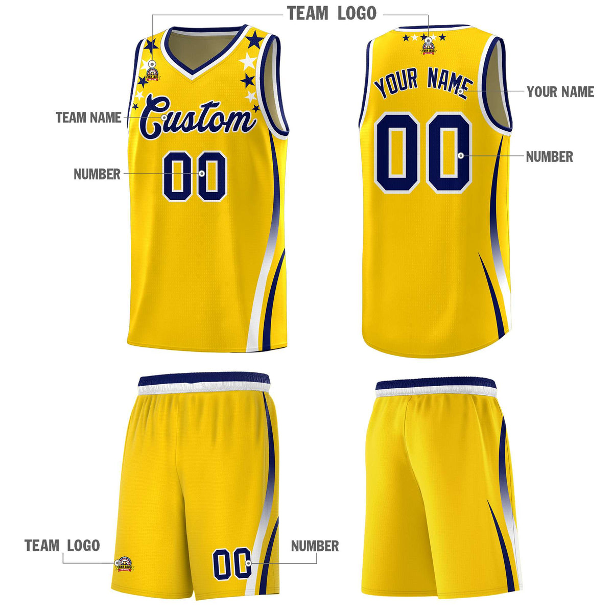 Custom Gold Shoulders Star Pattern Side Color Block Sports Uniform Basketball Kits