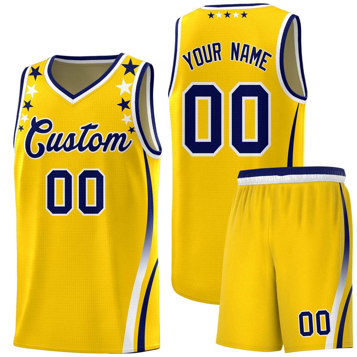 Custom Gold Shoulders Star Pattern Side Color Block Sports Uniform Basketball Kits