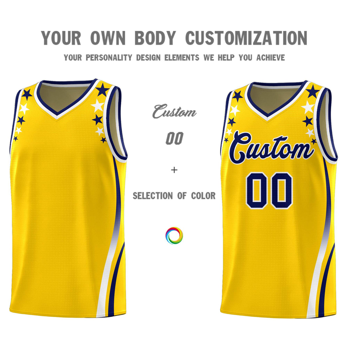 Custom Gold Shoulders Star Pattern Side Color Block Sports Uniform Basketball Kits