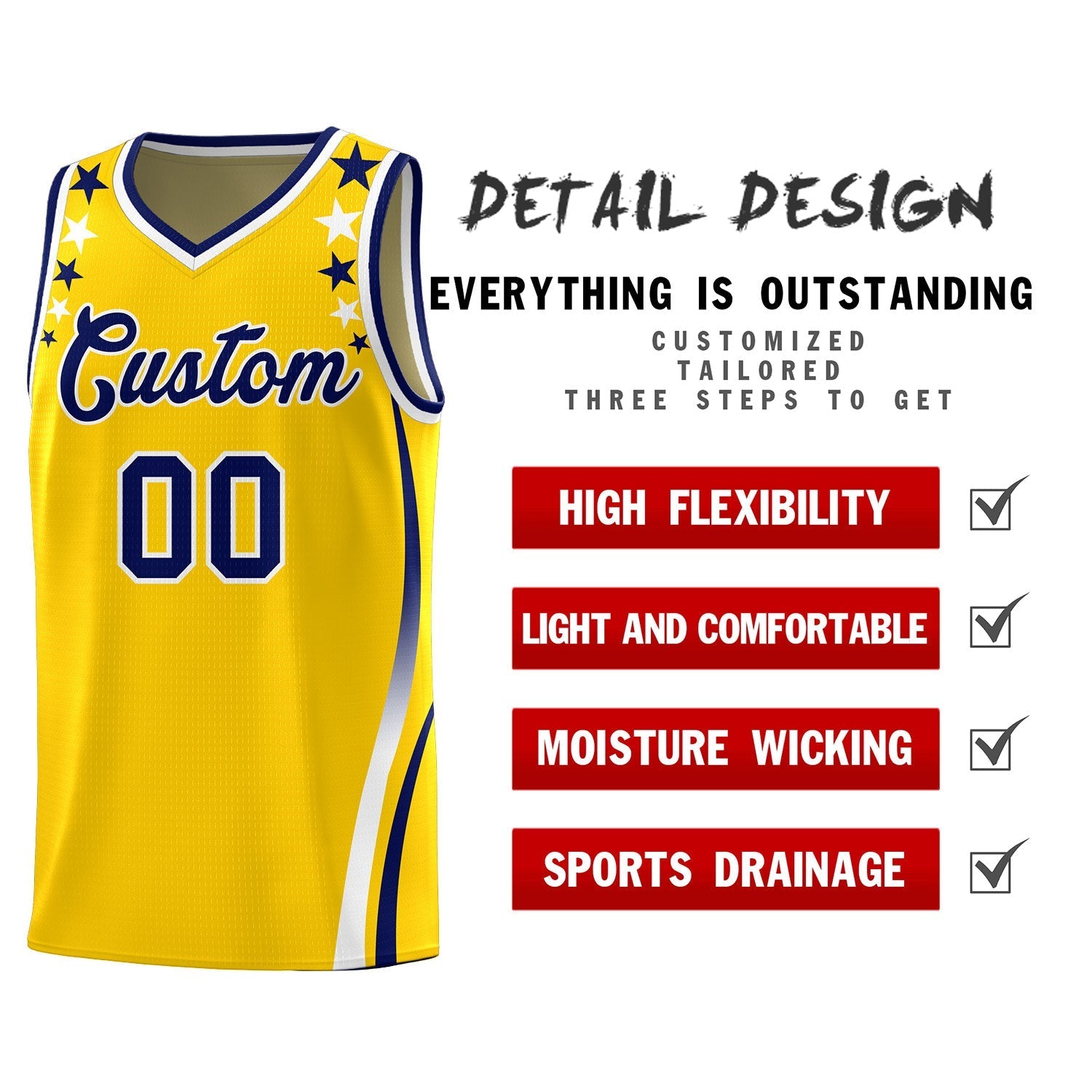 Custom Gold Shoulders Star Pattern Side Color Block Sports Uniform Basketball Kits