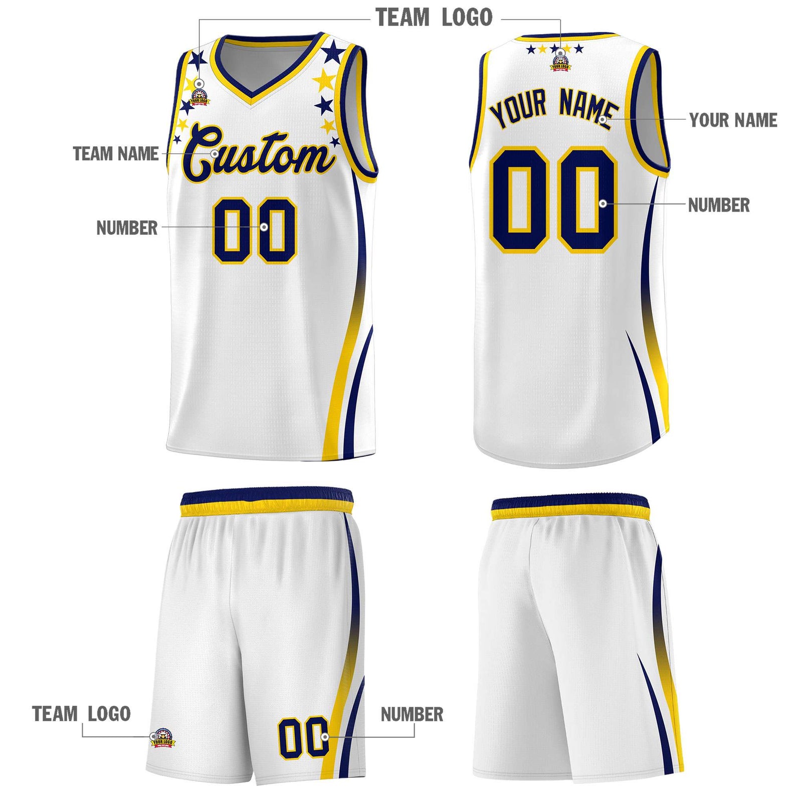 Custom White Shoulders Star Pattern Side Color Block Sports Uniform Basketball Kits