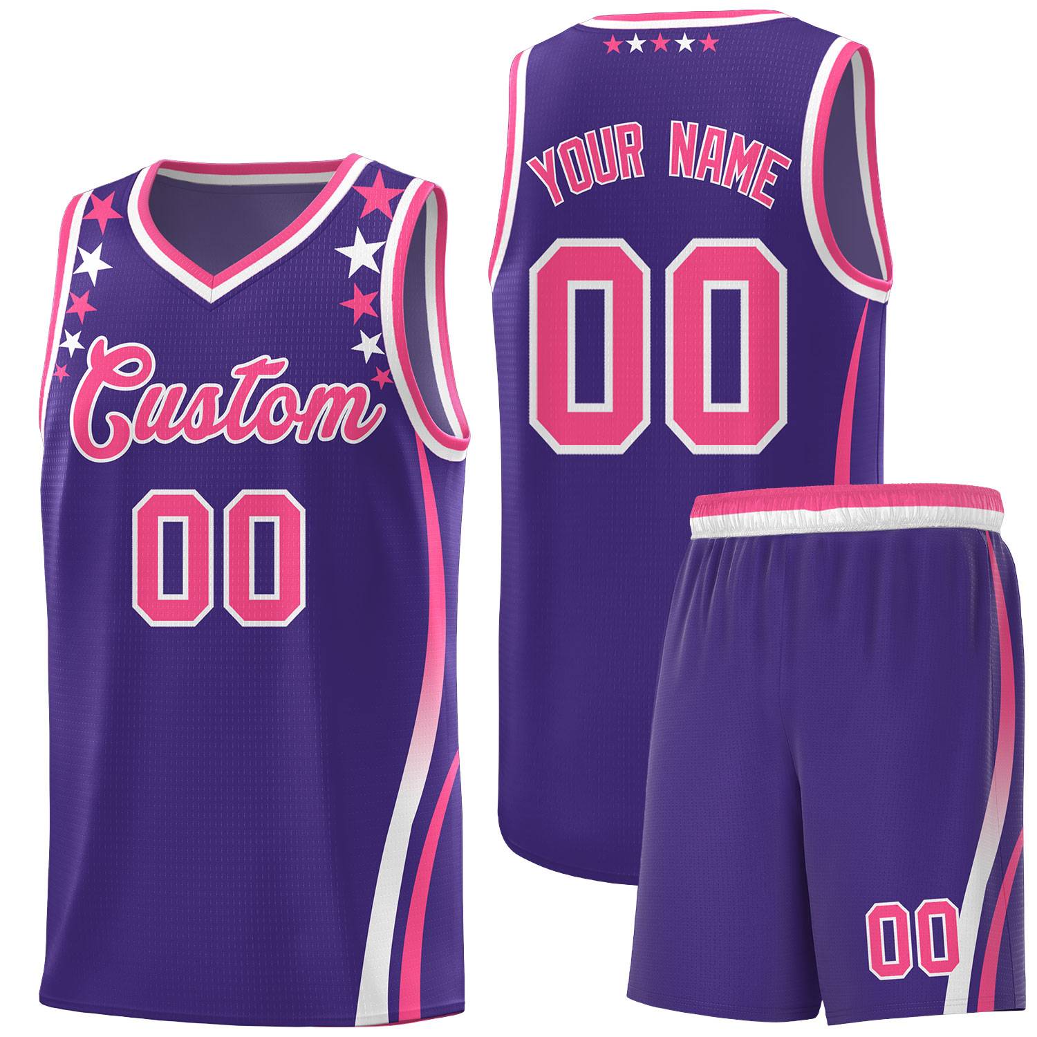 Custom Purple Shoulders Star Pattern Side Color Block Sports Uniform Basketball Kits