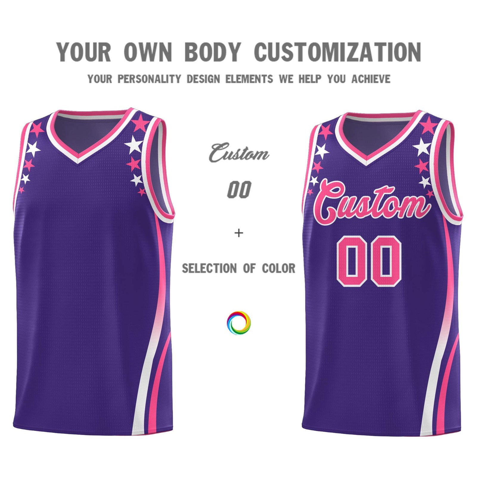 Custom Purple Shoulders Star Pattern Side Color Block Sports Uniform Basketball Kits