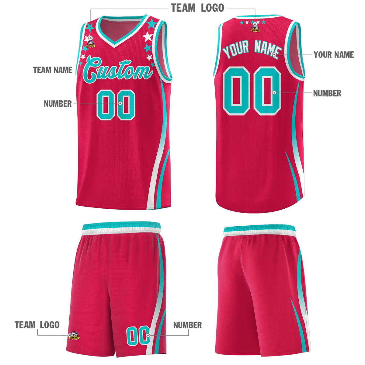 Custom Red Shoulders Star Pattern Side Color Block Sports Uniform Basketball Kits