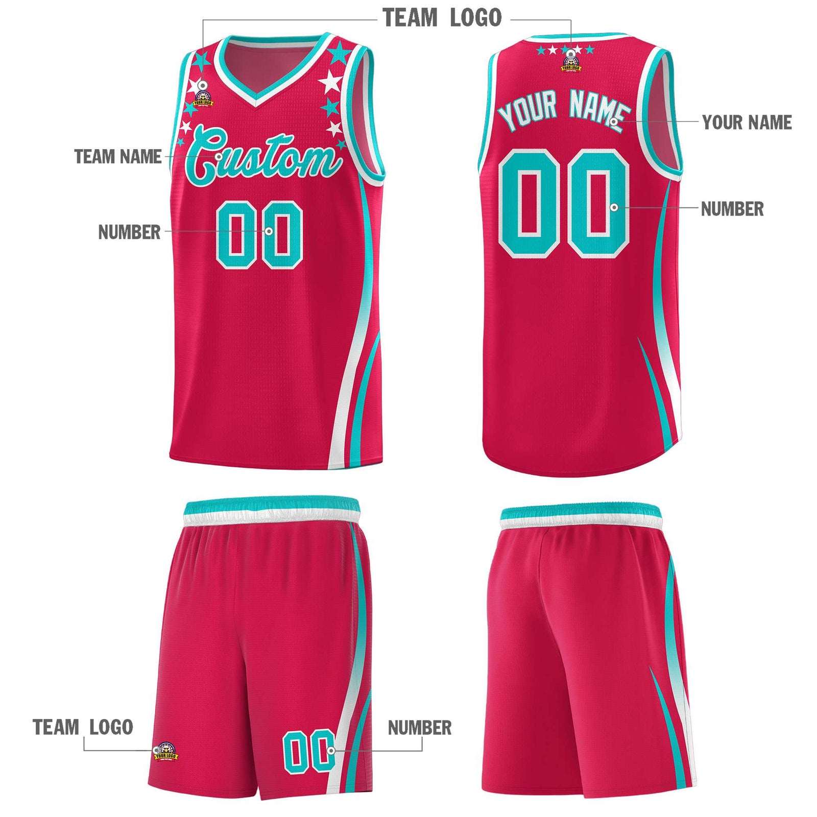Custom Red Shoulders Star Pattern Side Color Block Sports Uniform Basketball Kits