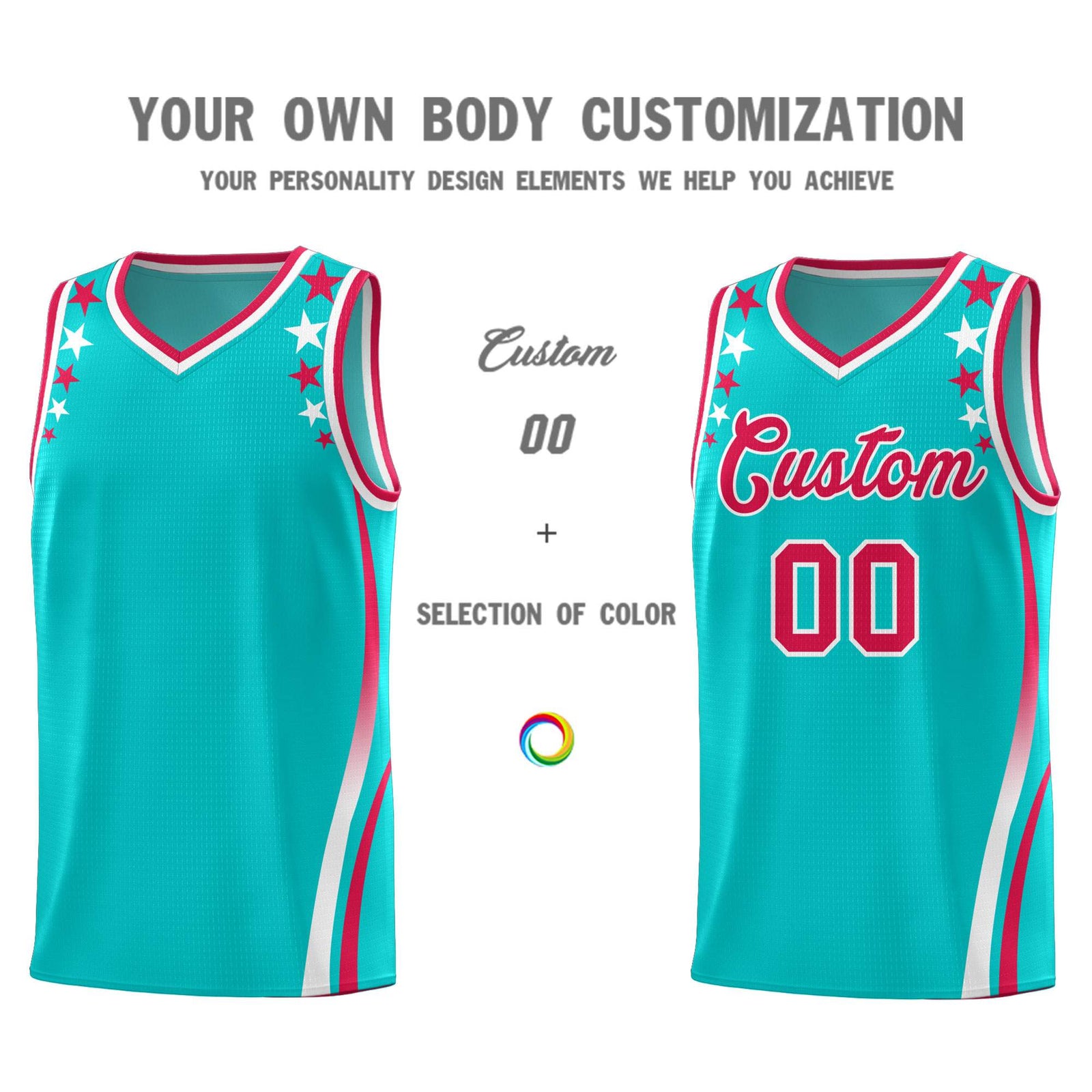 Custom Sky Blue Shoulders Star Pattern Side Color Block Sports Uniform Basketball Kits